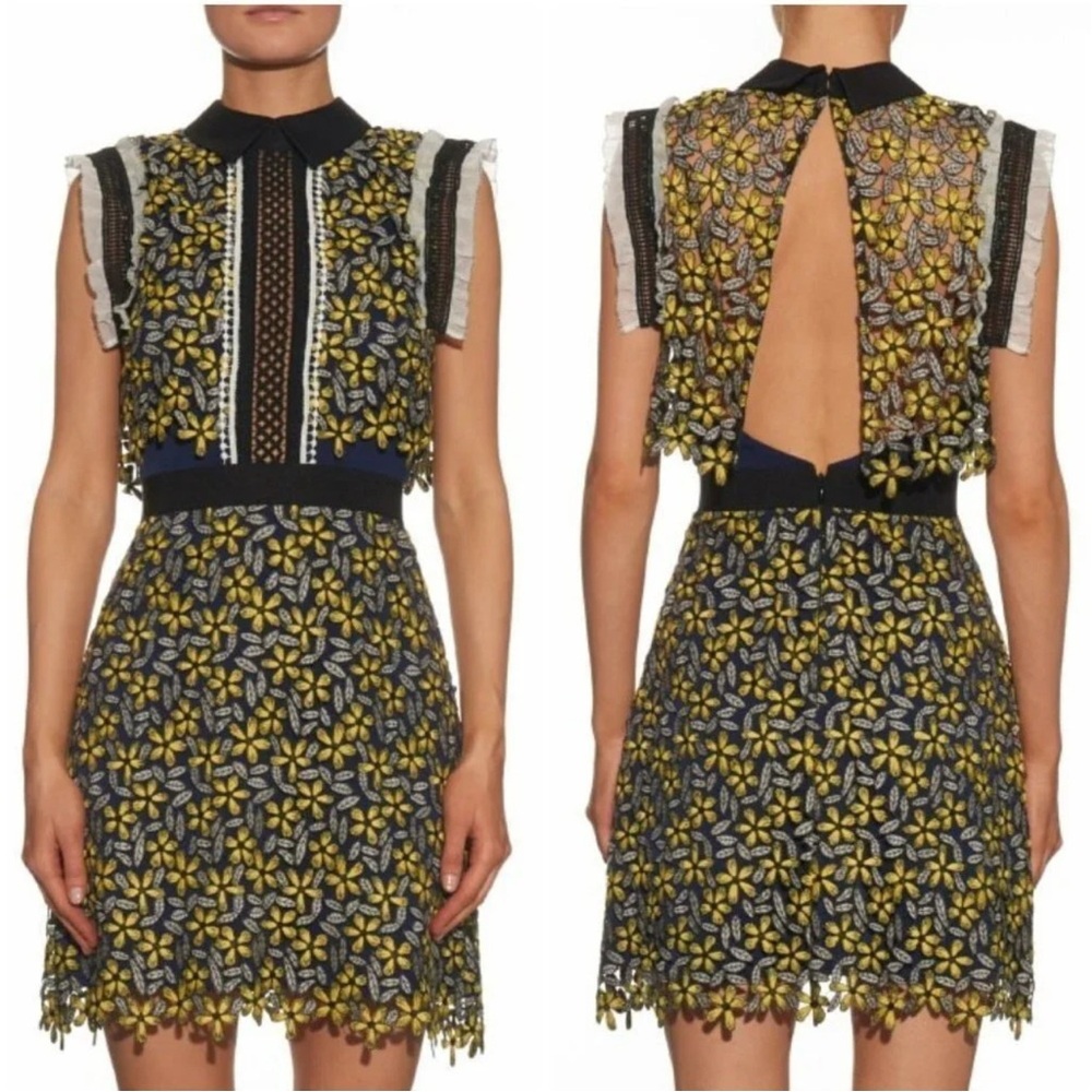 Self-Portrait Yellow and Blue Backless Lace Dress